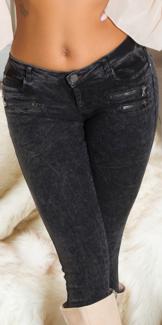 Skinny Jeans with Zip-Details & Glitter rivets Black